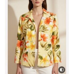 VTG Sunset Cove‎ Yellow Tropical Blazer Medium Lined Jacket w/ Pockets Hawaiian